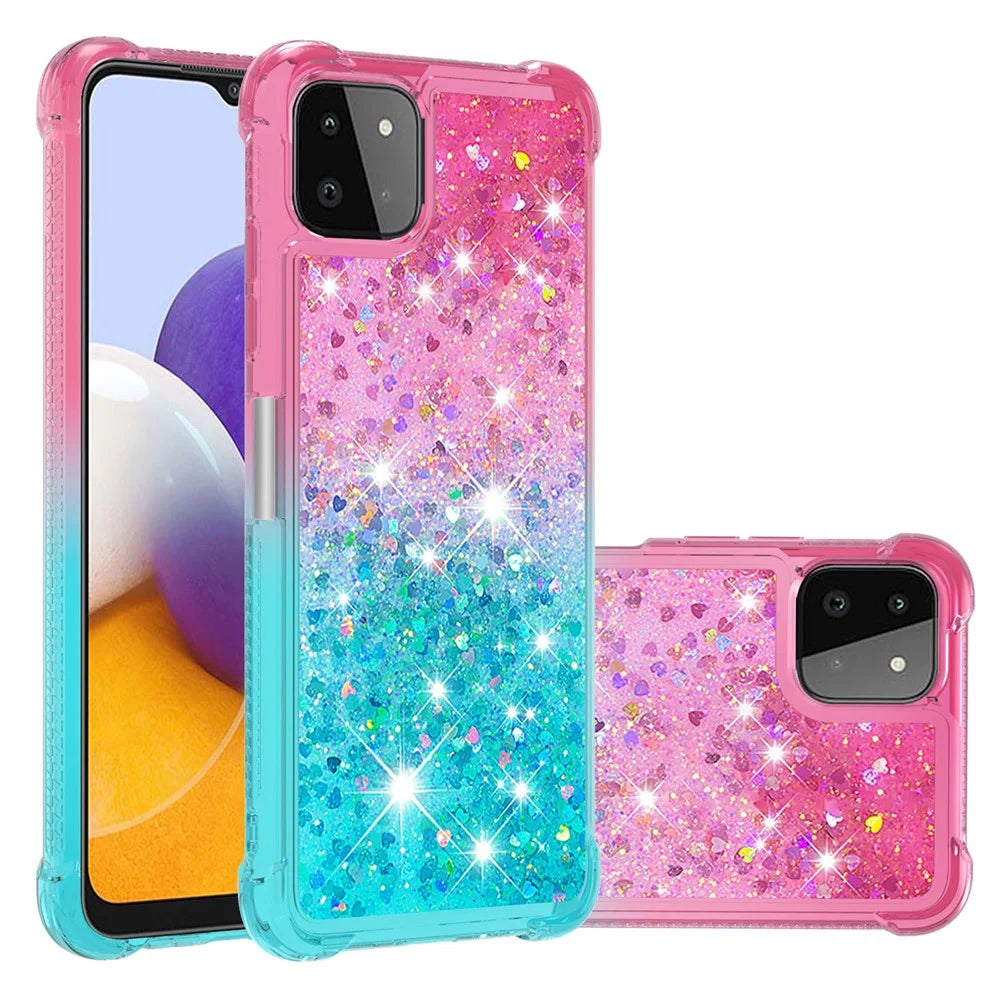 Dynamic Glitter Powder Sequins Quicksand Shockproof TPU Cover Case for Samsung Galaxy A22 5G (US Version) - Pink/Sky Blue - 7