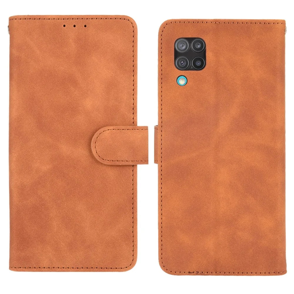 Silky Touch Leather Wallet Phone Cover Stand Case for Samsung Galaxy M12/F12 - Brown - 1