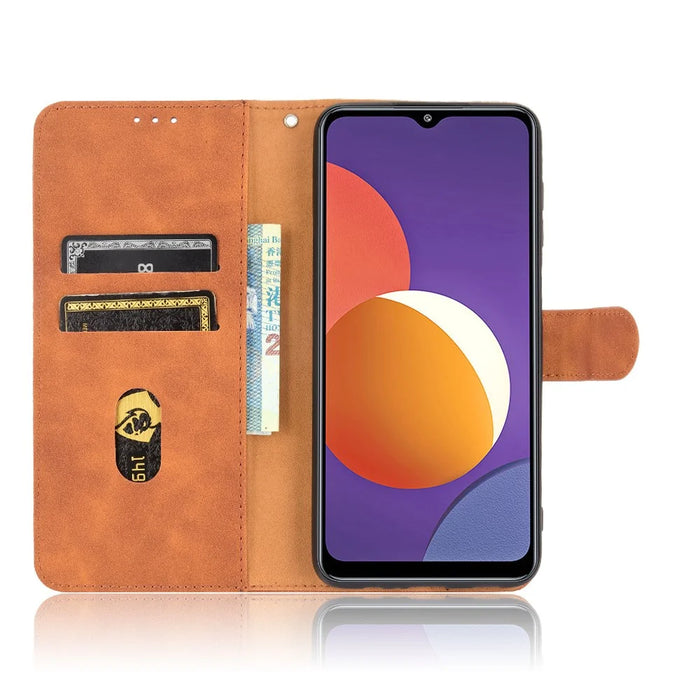 Silky Touch Leather Wallet Phone Cover Stand Case for Samsung Galaxy M12/F12 - Brown - 4