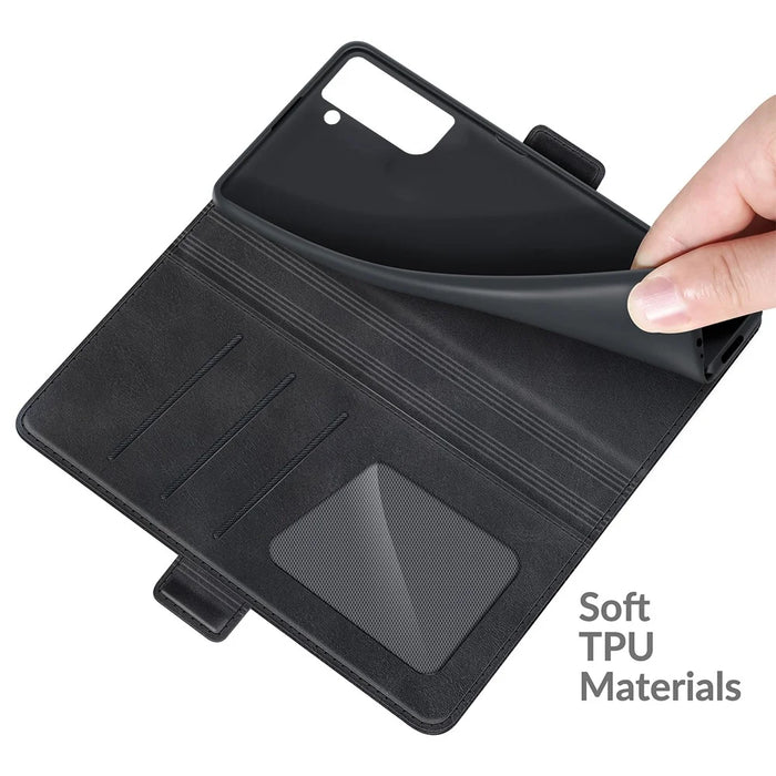 Wallet PU Leather Phone Stand Case Shell with Magnetic Clasp Closure for Samsung Galaxy S21 FE - Black - 7