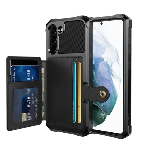ZM03 for Samsung Galaxy S21 FE Kickstand PU Leather Coated TPU Protector Cover with Card Holder Built-in Magnetic Sheet - Black - 1