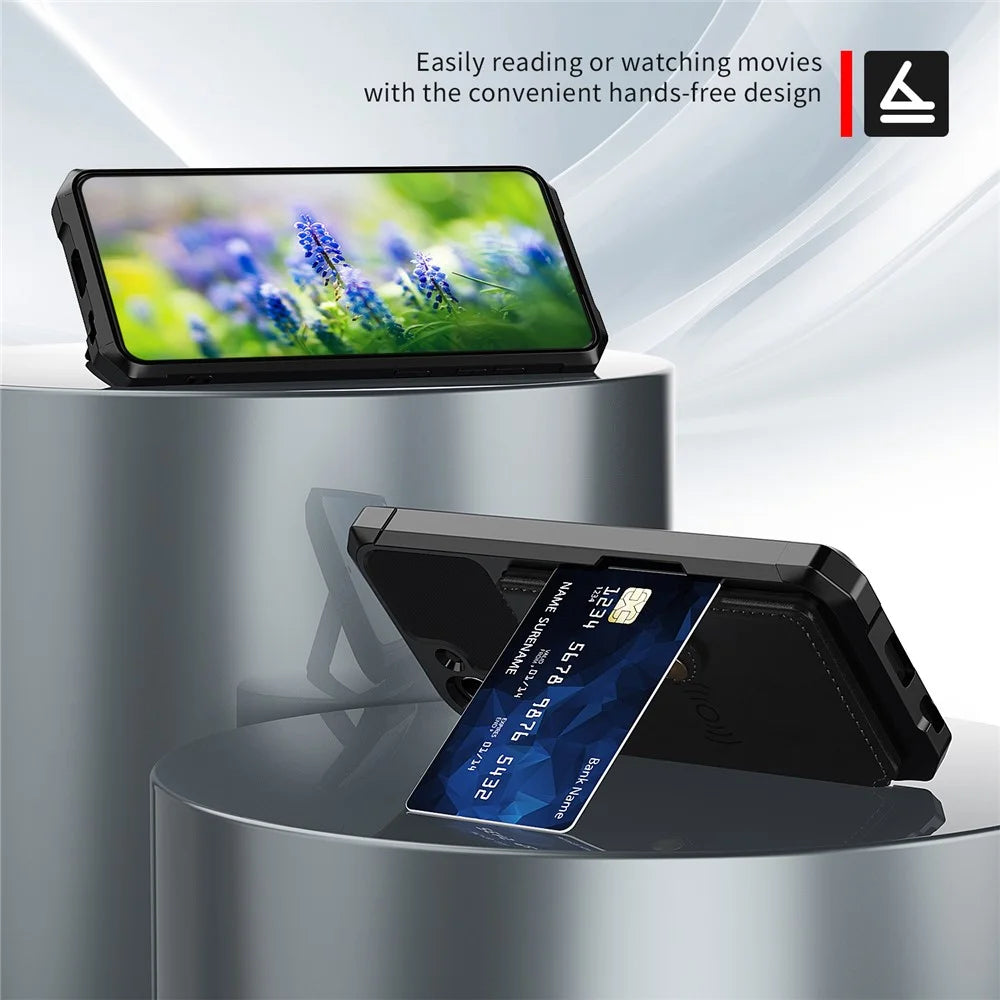 ZM03 for Samsung Galaxy S21 FE Kickstand PU Leather Coated TPU Protector Cover with Card Holder Built-in Magnetic Sheet - Black - 2