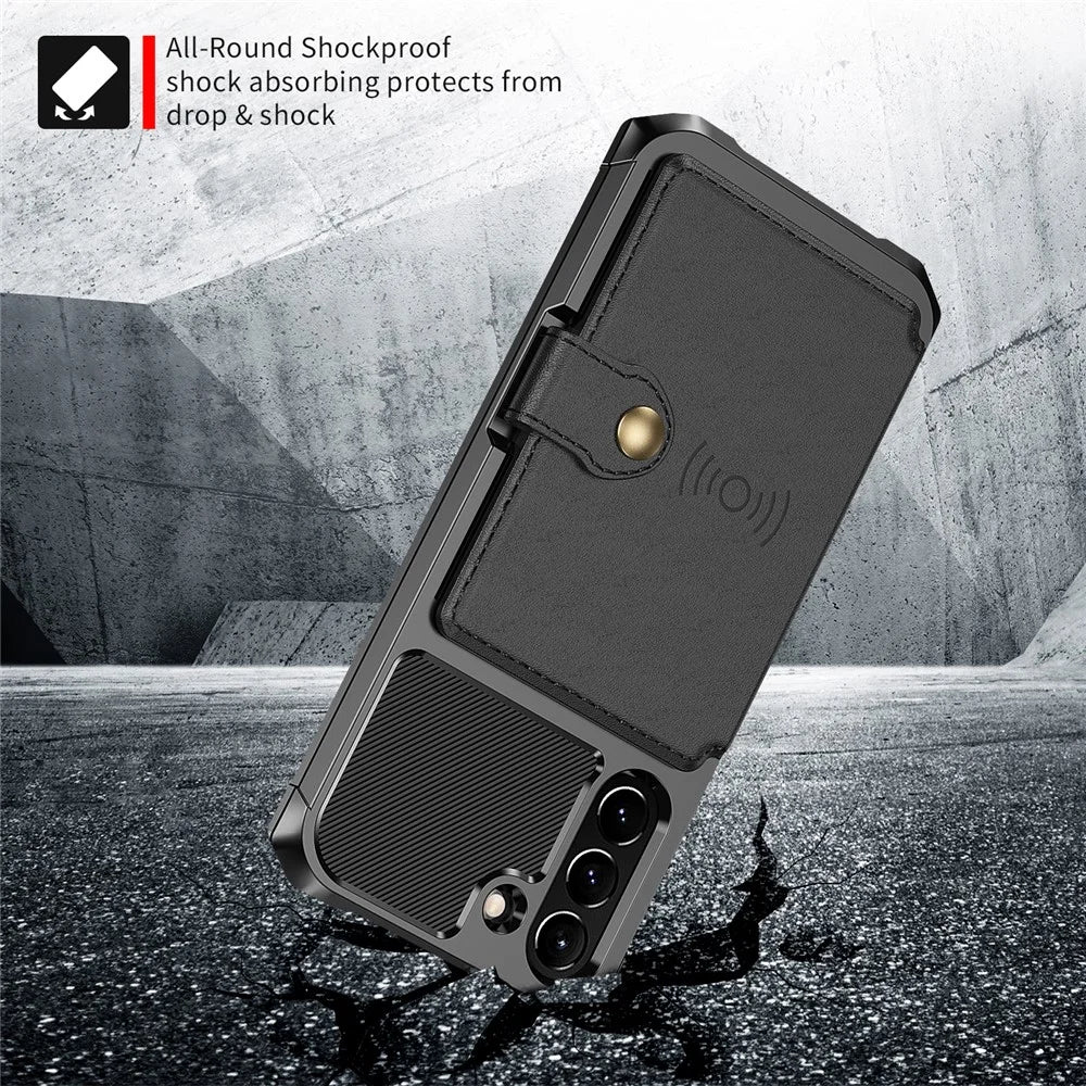 ZM03 for Samsung Galaxy S21 FE Kickstand PU Leather Coated TPU Protector Cover with Card Holder Built-in Magnetic Sheet - Black - 3