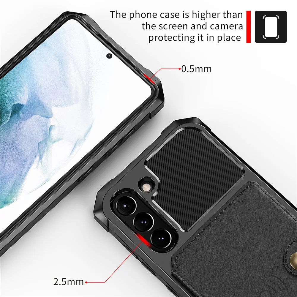 ZM03 for Samsung Galaxy S21 FE Kickstand PU Leather Coated TPU Protector Cover with Card Holder Built-in Magnetic Sheet - Black - 5