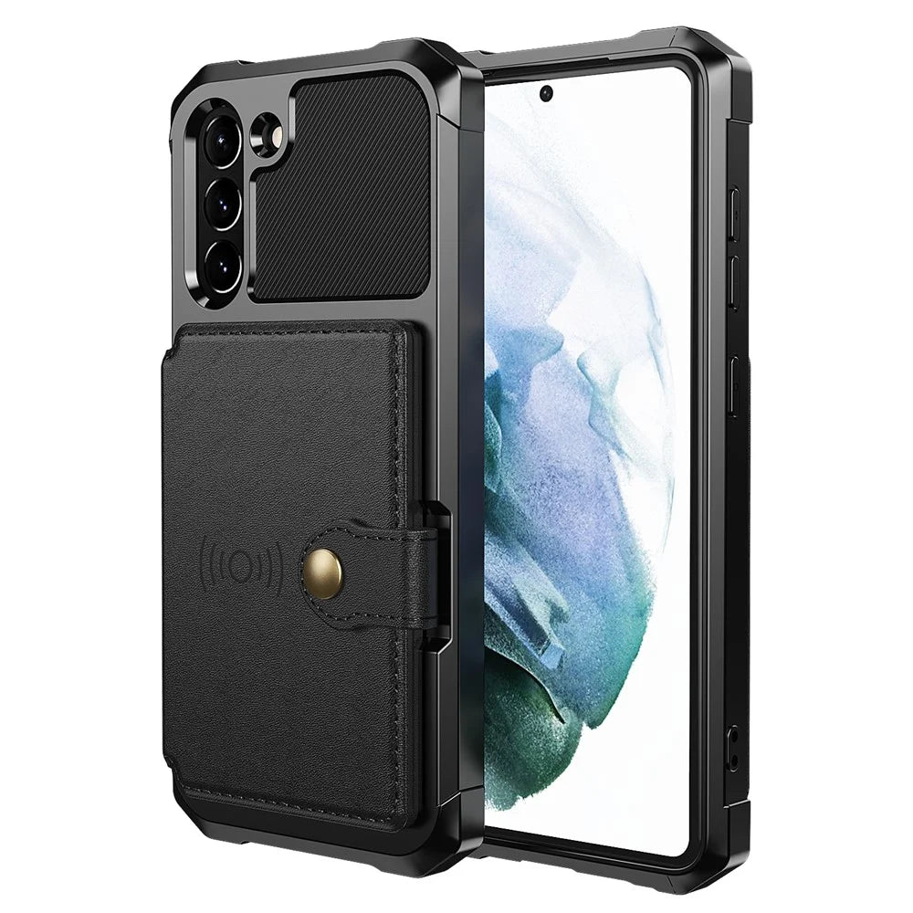 ZM03 for Samsung Galaxy S21 FE Kickstand PU Leather Coated TPU Protector Cover with Card Holder Built-in Magnetic Sheet - Black - 6
