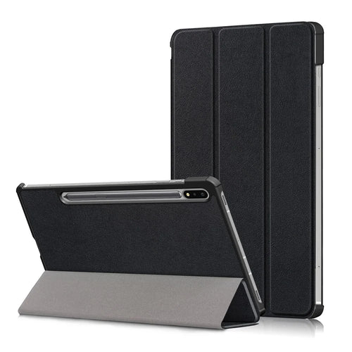 Tri-fold Stand Design Plain PU Leather Tablet Case Shell Protector for Samsung Galaxy Tab S7 FE T736 / Tab S7+ / Tab S8+ - Black - 1