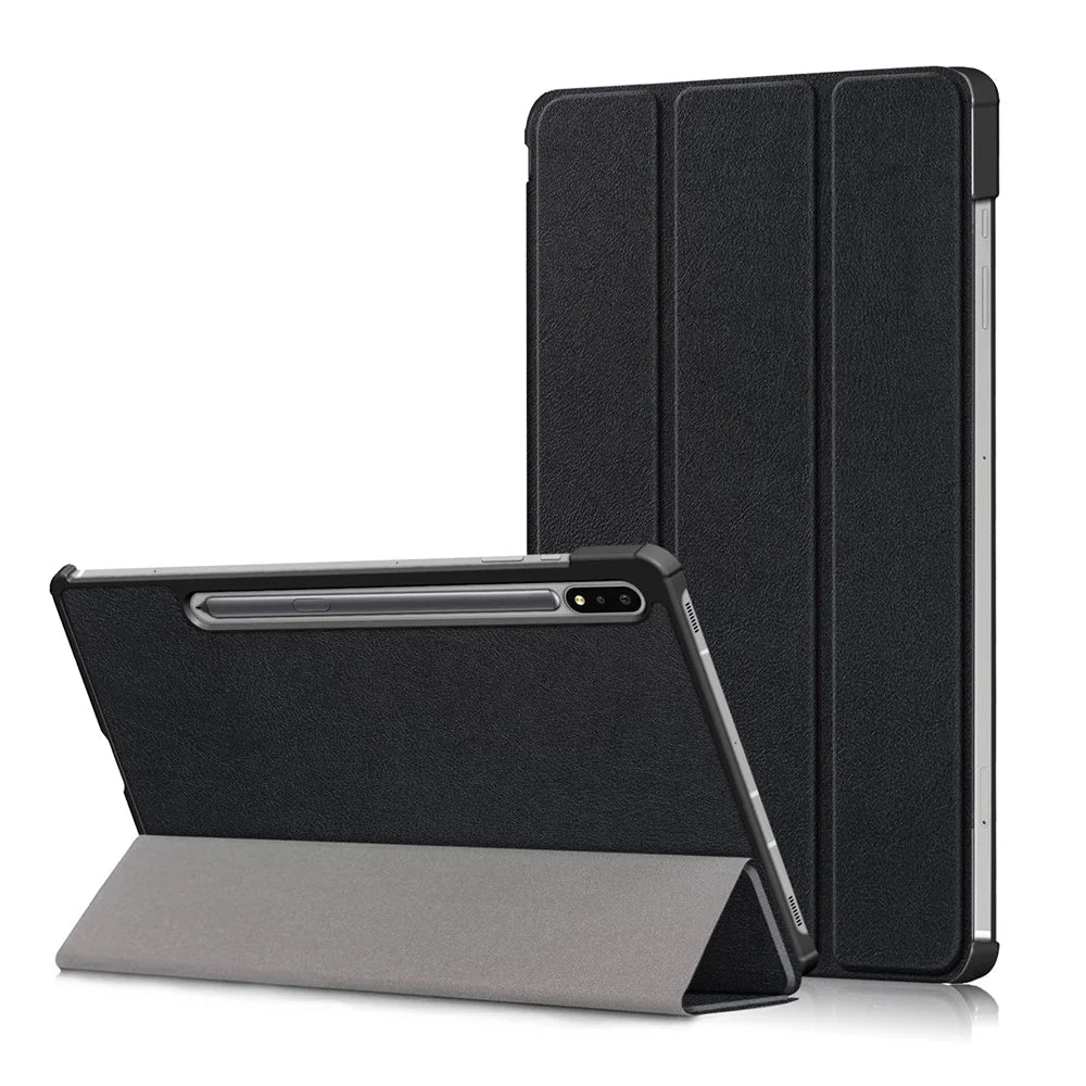 Tri-fold Stand Design Plain PU Leather Tablet Case Shell Protector for Samsung Galaxy Tab S7 FE T736 / Tab S7+ / Tab S8+ - Black - 1