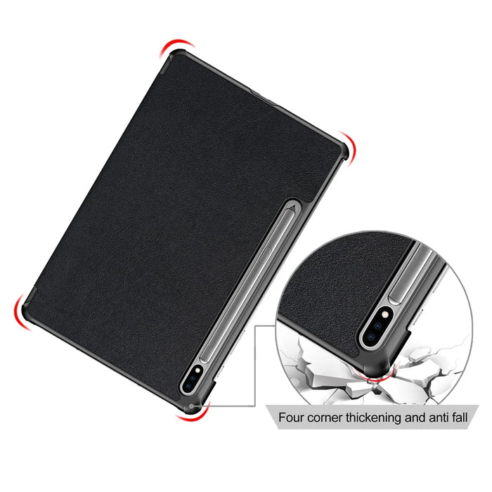 Tri-fold Stand Design Plain PU Leather Tablet Case Shell Protector for Samsung Galaxy Tab S7 FE T736 / Tab S7+ / Tab S8+ - Black - 7