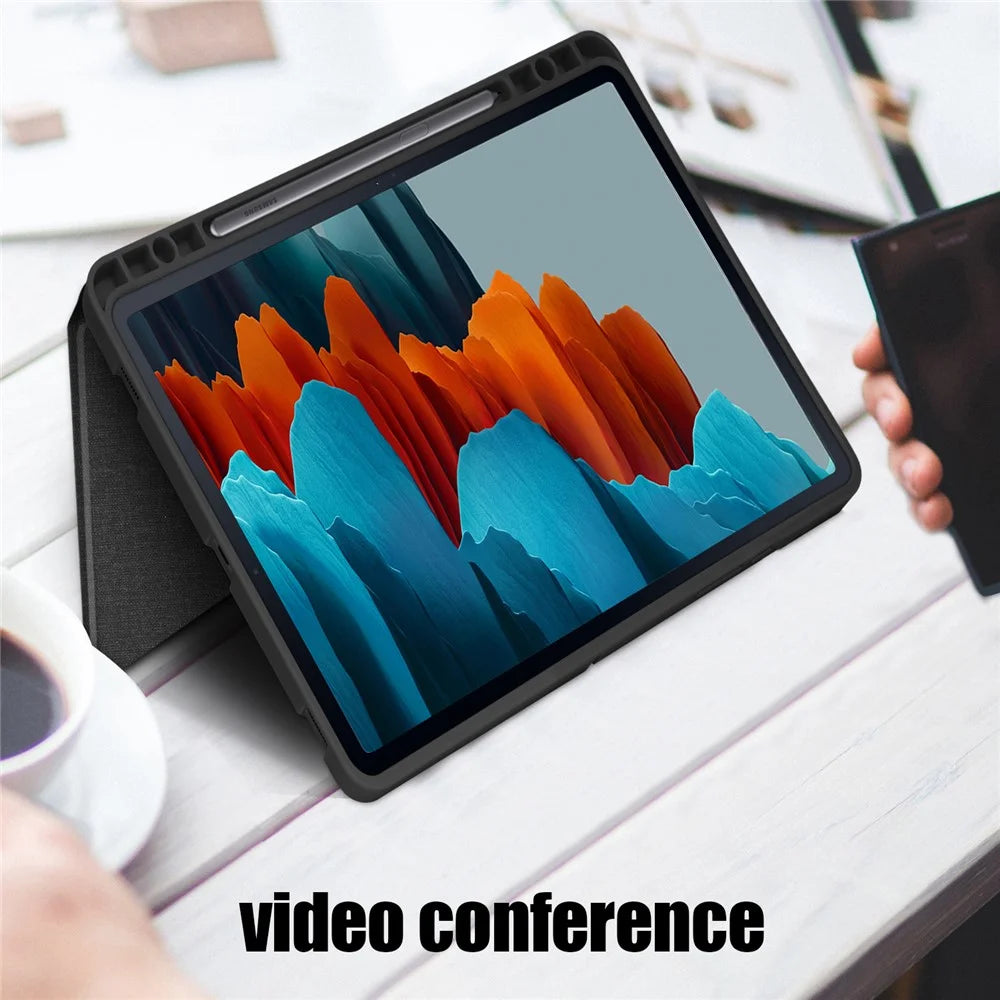 Origami Stand Design Plain Cloth Smart Tablet Case for Samsung Galaxy Tab S7 FE T736 / Tab S7+ / Tab S8+ - Black - 3
