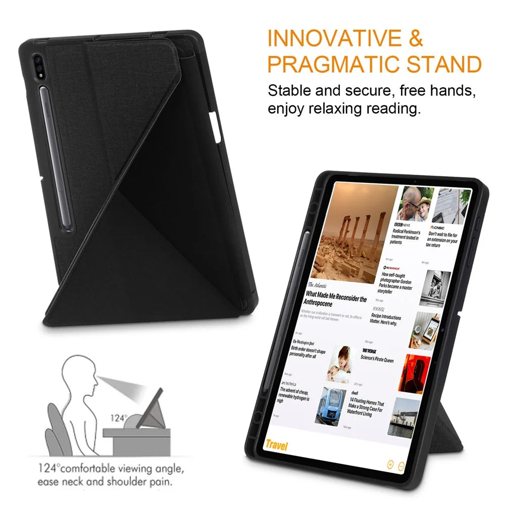 Origami Stand Design Plain Cloth Smart Tablet Case for Samsung Galaxy Tab S7 FE T736 / Tab S7+ / Tab S8+ - Black - 6