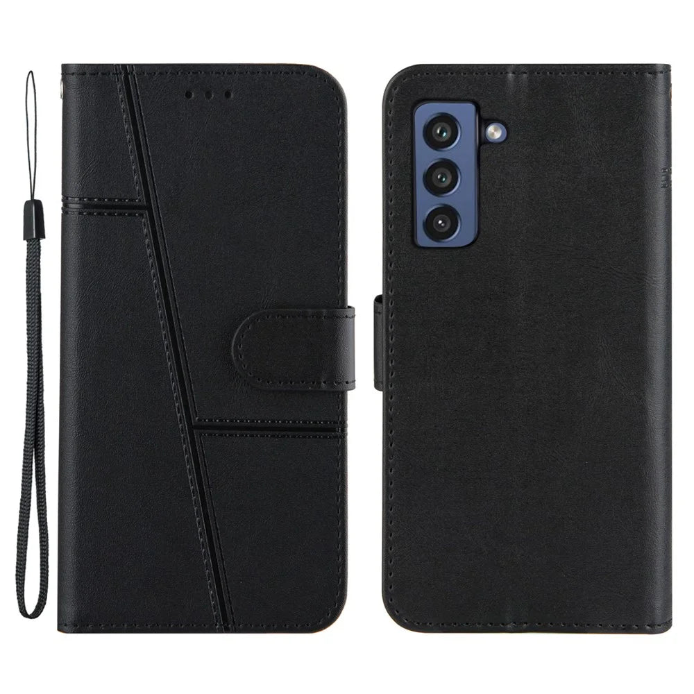 Concise Leather Phone Cover Wallet Case with Stand for Samsung Galaxy S21 FE - Black - 1