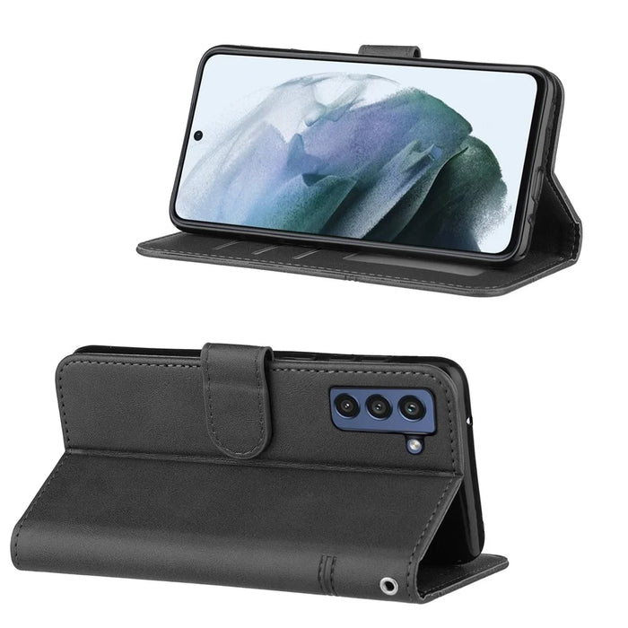 Concise Leather Phone Cover Wallet Case with Stand for Samsung Galaxy S21 FE - Black - 4