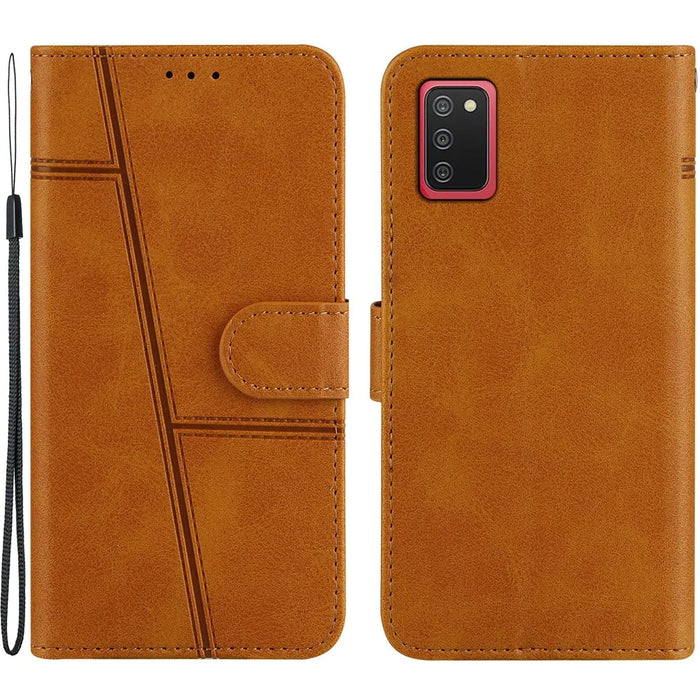 Splicing Leather Phone Cover Wallet Case with Stand and Strap for Samsung Galaxy A02s (164.2mm) - Brown - 1