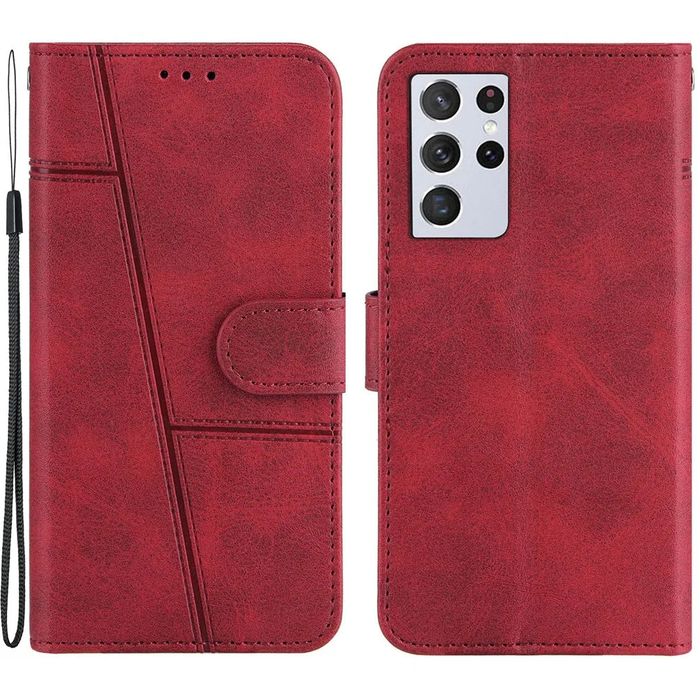 Full Protection Splicing Leather Phone Cover Case with Wallet Stand for Samsung Galaxy S21 Ultra 5G - Red - 1