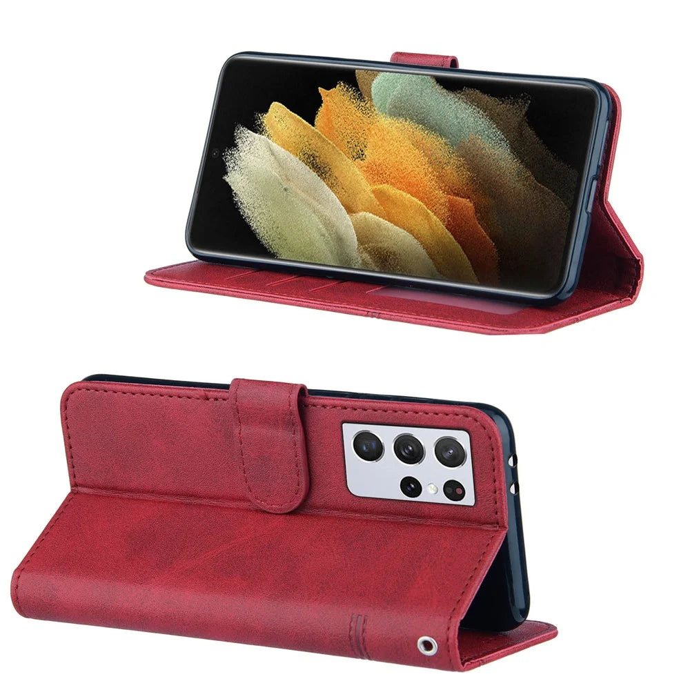 Full Protection Splicing Leather Phone Cover Case with Wallet Stand for Samsung Galaxy S21 Ultra 5G - Red - 2