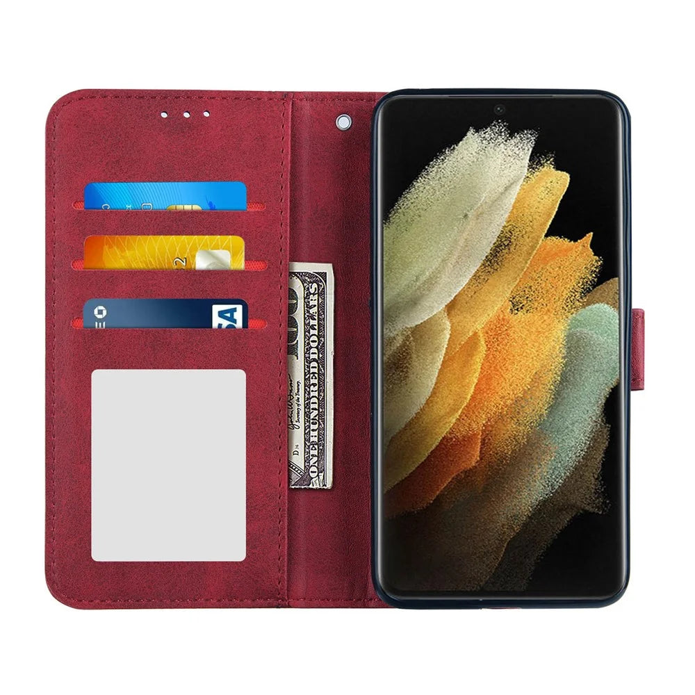 Full Protection Splicing Leather Phone Cover Case with Wallet Stand for Samsung Galaxy S21 Ultra 5G - Red - 3