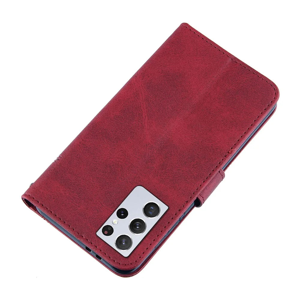 Full Protection Splicing Leather Phone Cover Case with Wallet Stand for Samsung Galaxy S21 Ultra 5G - Red - 5