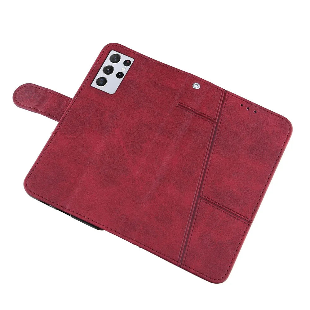 Full Protection Splicing Leather Phone Cover Case with Wallet Stand for Samsung Galaxy S21 Ultra 5G - Red - 6