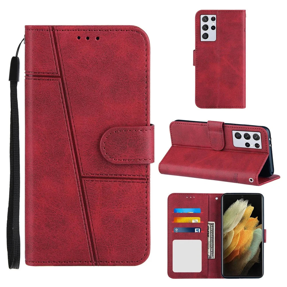 Full Protection Splicing Leather Phone Cover Case with Wallet Stand for Samsung Galaxy S21 Ultra 5G - Red - 7