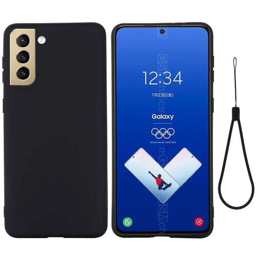 Liquid Silicone Case for Samsung Galaxy S21 FE , Anti-Slip Phone Cover with Strap - Black - 1