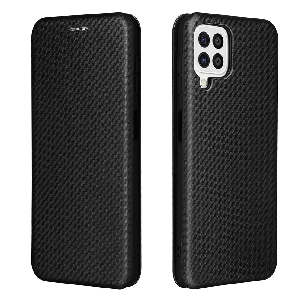 For Samsung Galaxy A22 4G (EU Version) Auto-absorbed Leather Case Carbon Fiber Texture Shock-proof Flip Cover with Card Holder and Ring Strap - Black - 1