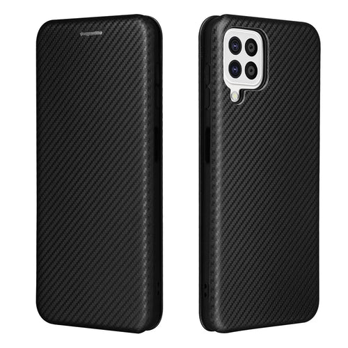 For Samsung Galaxy A22 4G (EU Version) Auto-absorbed Leather Case Carbon Fiber Texture Shock-proof Flip Cover with Card Holder and Ring Strap - Black - 1