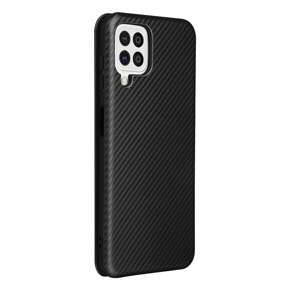 For Samsung Galaxy A22 4G (EU Version) Auto-absorbed Leather Case Carbon Fiber Texture Shock-proof Flip Cover with Card Holder and Ring Strap - Black - 3