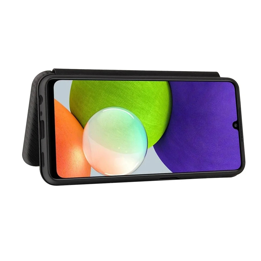 For Samsung Galaxy A22 4G (EU Version) Auto-absorbed Leather Case Carbon Fiber Texture Shock-proof Flip Cover with Card Holder and Ring Strap - Black - 4