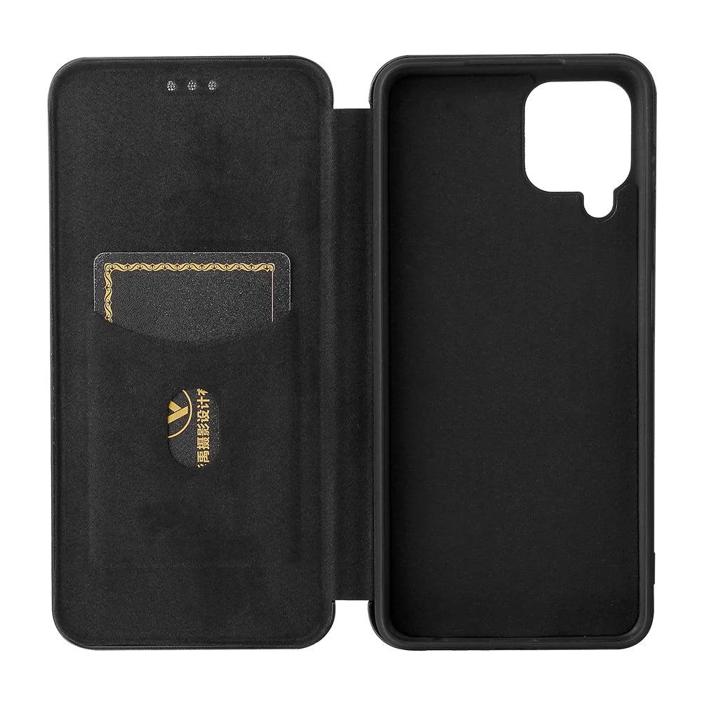 For Samsung Galaxy A22 4G (EU Version) Auto-absorbed Leather Case Carbon Fiber Texture Shock-proof Flip Cover with Card Holder and Ring Strap - Black - 5