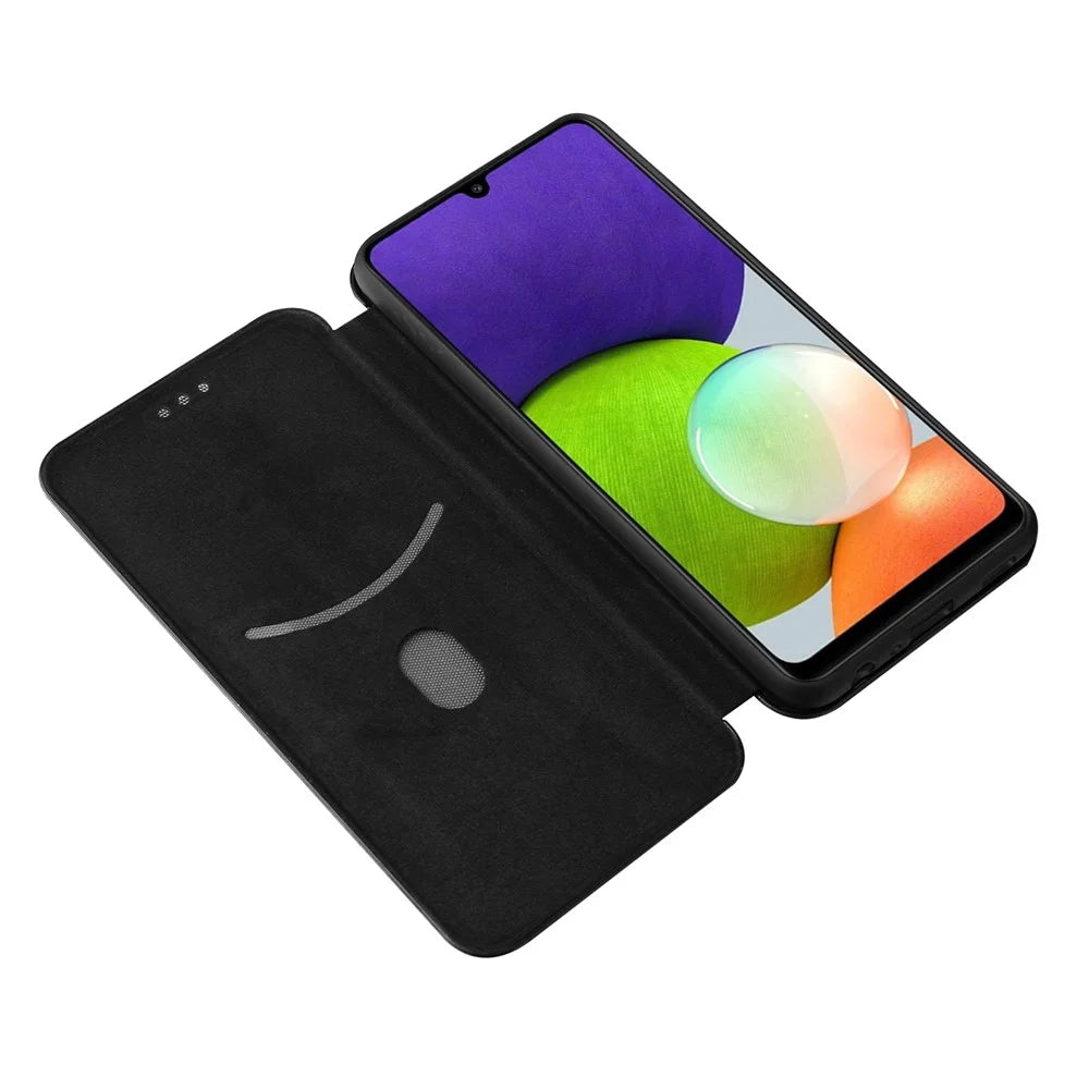 For Samsung Galaxy A22 4G (EU Version) Auto-absorbed Leather Case Carbon Fiber Texture Shock-proof Flip Cover with Card Holder and Ring Strap - Black - 6