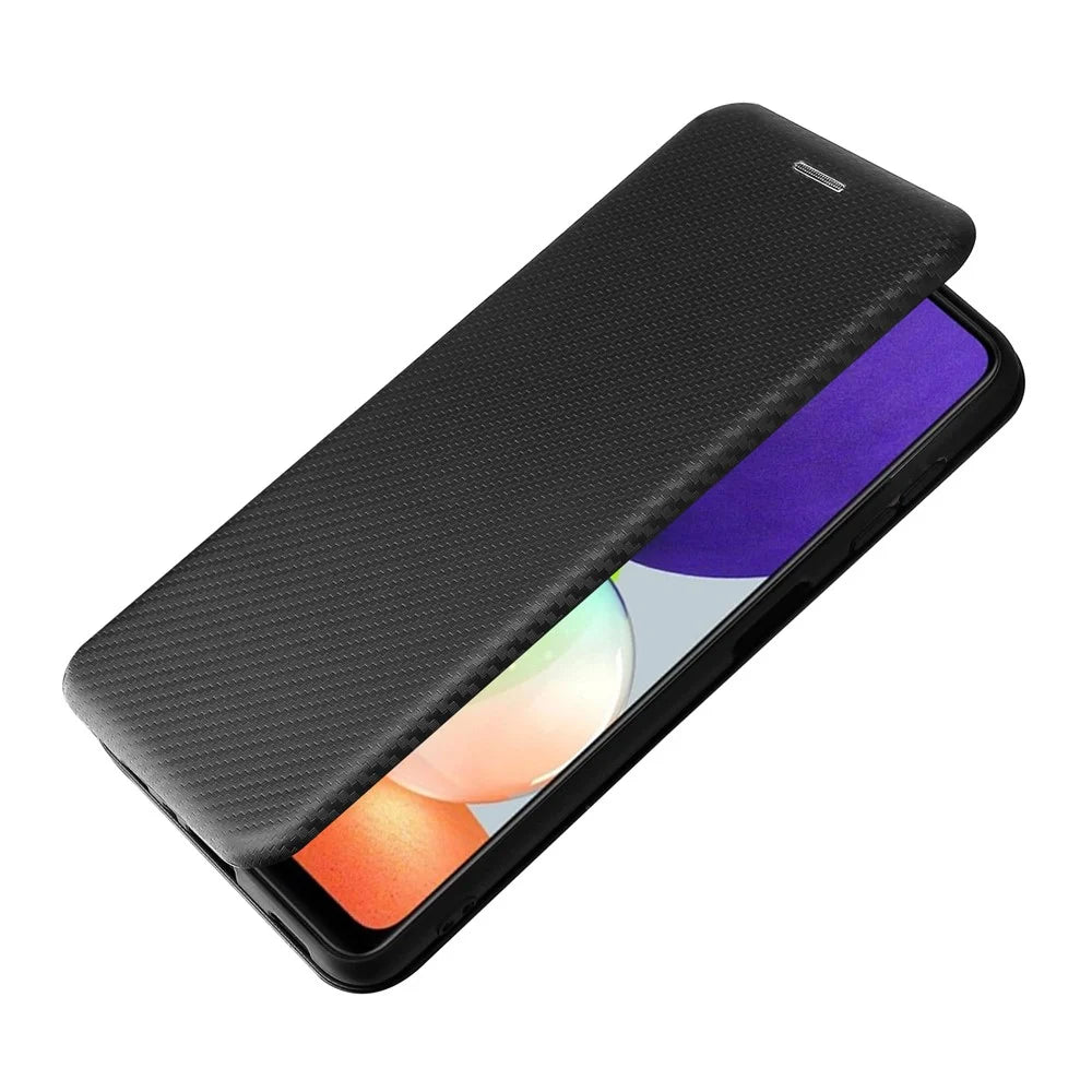 For Samsung Galaxy A22 4G (EU Version) Auto-absorbed Leather Case Carbon Fiber Texture Shock-proof Flip Cover with Card Holder and Ring Strap - Black - 7