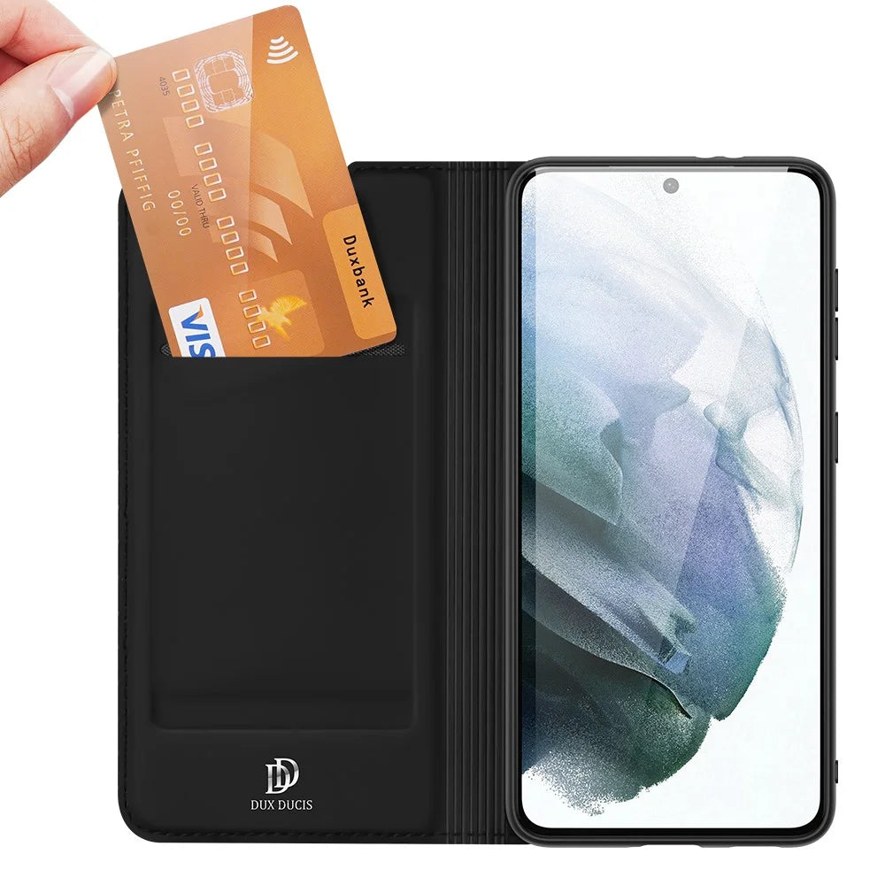 DUX DUCIS Skin Pro Series PU Leather Phone Case Shell Protector with Stand Card Slot for Samsung Galaxy S21 FE - Black - 2