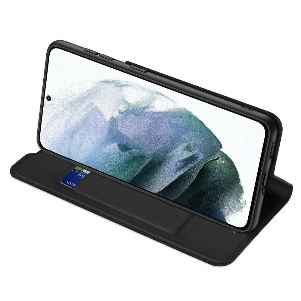 DUX DUCIS Skin Pro Series PU Leather Phone Case Shell Protector with Stand Card Slot for Samsung Galaxy S21 FE - Black - 3