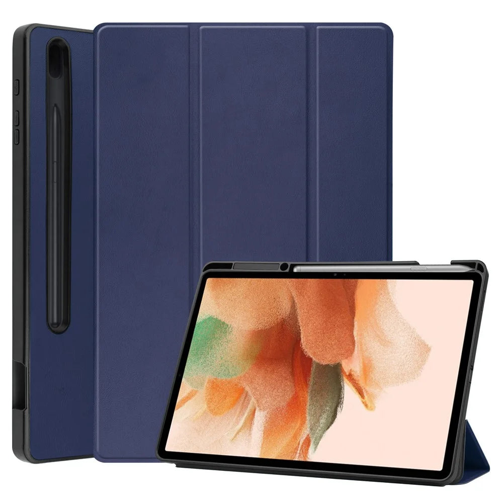 Tri-fold Stand PU Leather + TPU Inner Tablet Cover Smart Case with Pen Slot for Samsung Galaxy Tab S7 FE SM-T730/SM-T736 - Dark Blue - 1