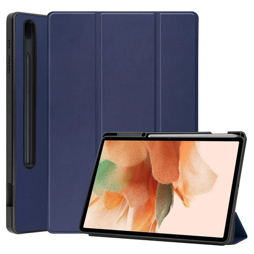 Tri-fold Stand PU Leather + TPU Inner Tablet Cover Smart Case with Pen Slot for Samsung Galaxy Tab S7 FE SM-T730/SM-T736 - Dark Blue - 1
