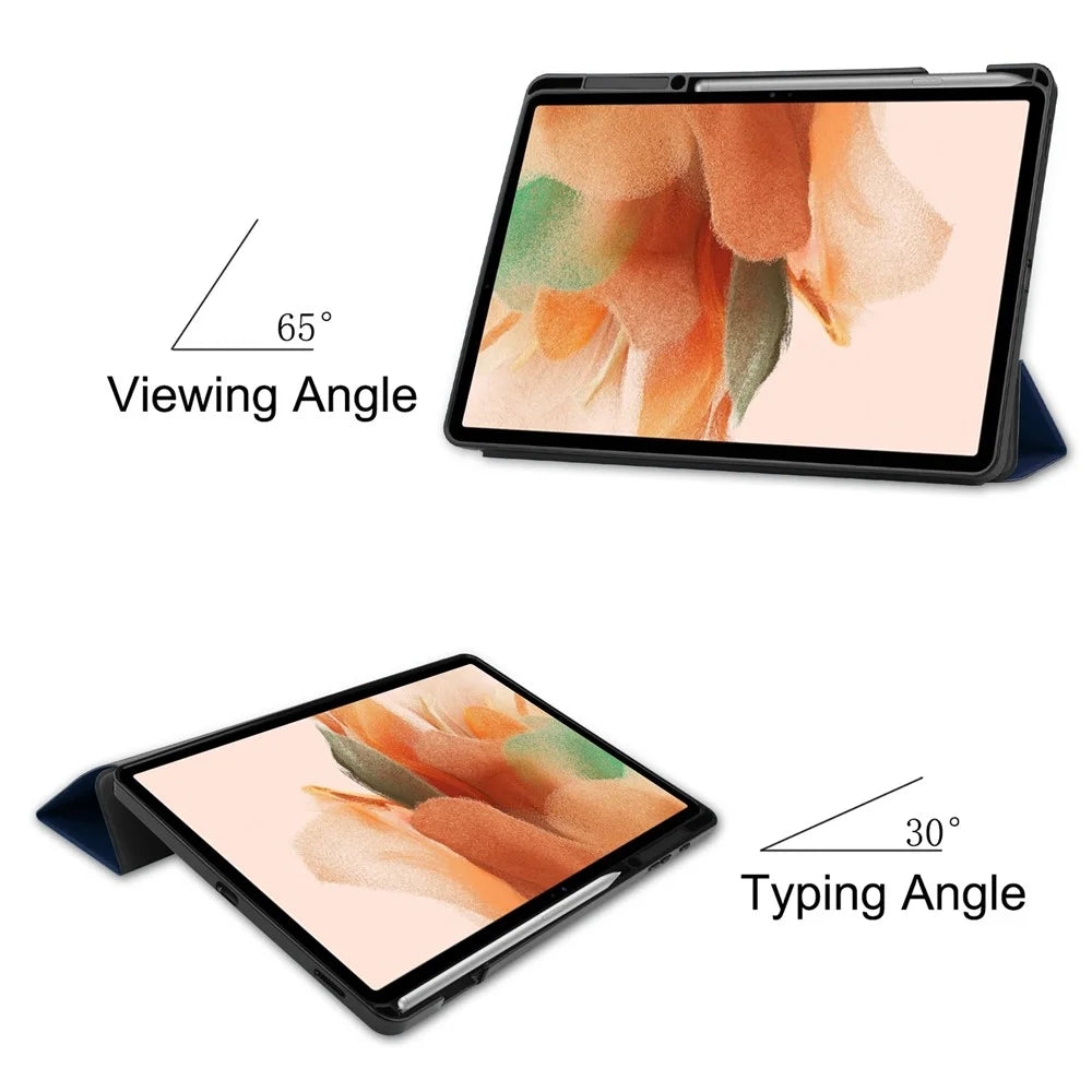 Tri-fold Stand PU Leather + TPU Inner Tablet Cover Smart Case with Pen Slot for Samsung Galaxy Tab S7 FE SM-T730/SM-T736 - Dark Blue - 3