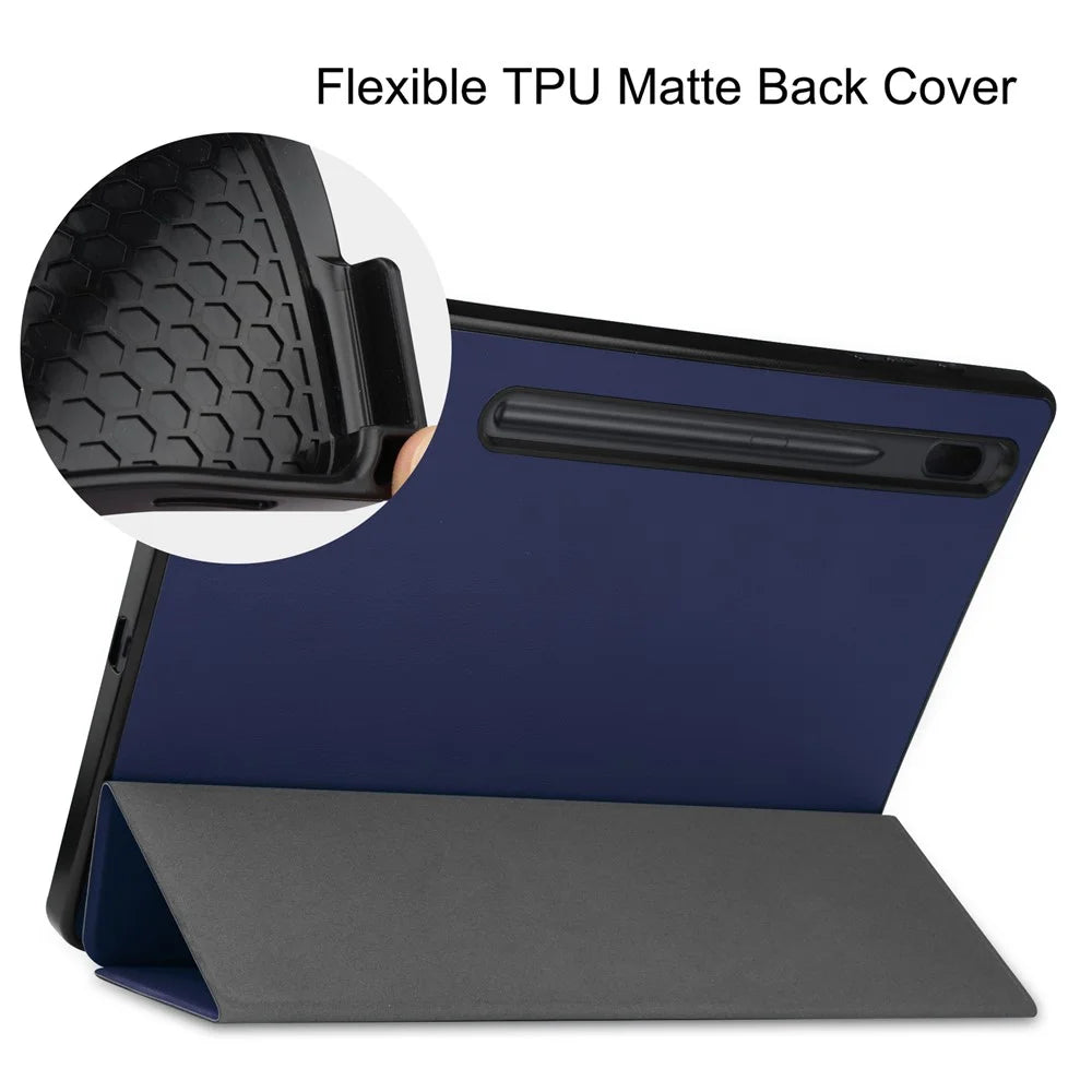 Tri-fold Stand PU Leather + TPU Inner Tablet Cover Smart Case with Pen Slot for Samsung Galaxy Tab S7 FE SM-T730/SM-T736 - Dark Blue - 5