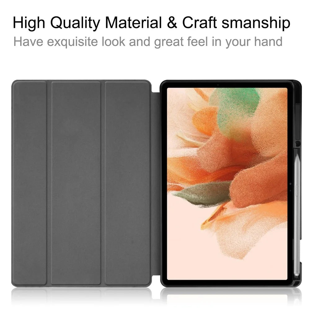 Tri-fold Stand PU Leather + TPU Inner Tablet Cover Smart Case with Pen Slot for Samsung Galaxy Tab S7 FE SM-T730/SM-T736 - Dark Blue - 6