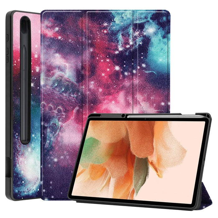 Stand Design Pattern Printing Tri-Fold TPU Leather Tablet Case with Pen Slot for Samsung Galaxy Tab S7 FE SM-T730 / SM-T736 - Starry Sky - 1