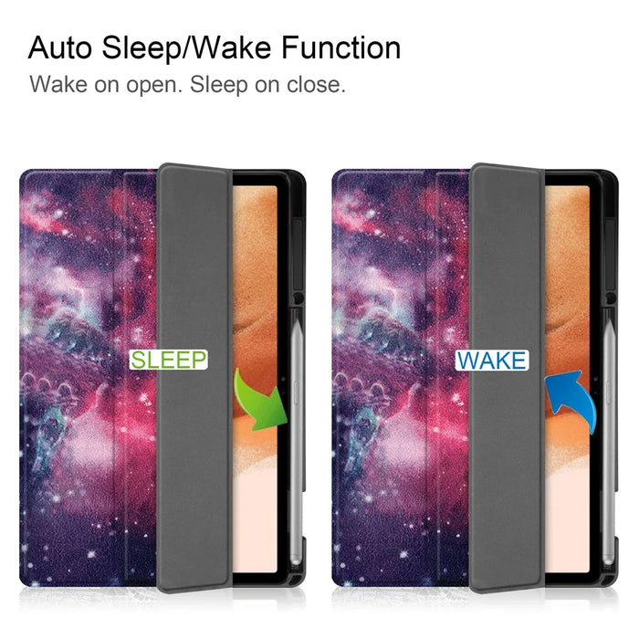 Stand Design Pattern Printing Tri-Fold TPU Leather Tablet Case with Pen Slot for Samsung Galaxy Tab S7 FE SM-T730 / SM-T736 - Starry Sky - 2
