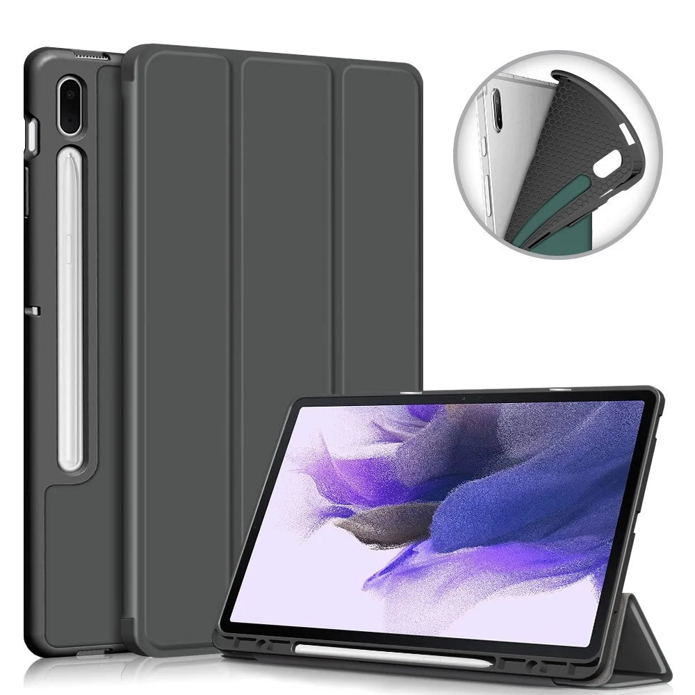 Tri-fold Stand Design TPU + PU Leather Cover with Pen Slot for Samsung Galaxy Tab S7 FE T736 / Tab S7+ / Tab S8+ - Grey - 1