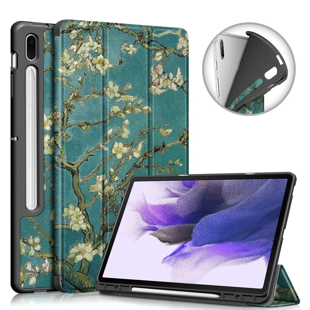 Pattern Printing Tri-fold Stand Design TPU Leather Tablet Case with Pen Slot for Samsung Galaxy Tab S7 FE T736 / Tab S7+ / Tab S8+ - Flowers - 1
