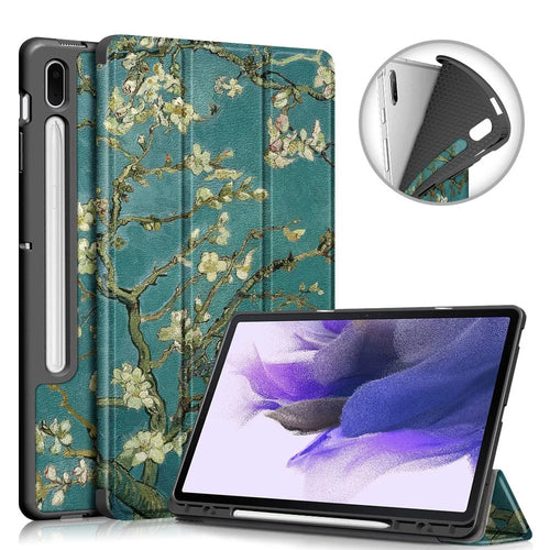 Pattern Printing Tri-fold Stand Design TPU Leather Tablet Case with Pen Slot for Samsung Galaxy Tab S7 FE T736 / Tab S7+ / Tab S8+ - Flowers - 1