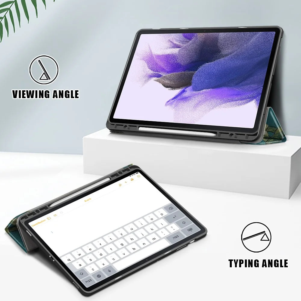 Pattern Printing Tri-fold Stand Design TPU Leather Tablet Case with Pen Slot for Samsung Galaxy Tab S7 FE T736 / Tab S7+ / Tab S8+ - Flowers - 2