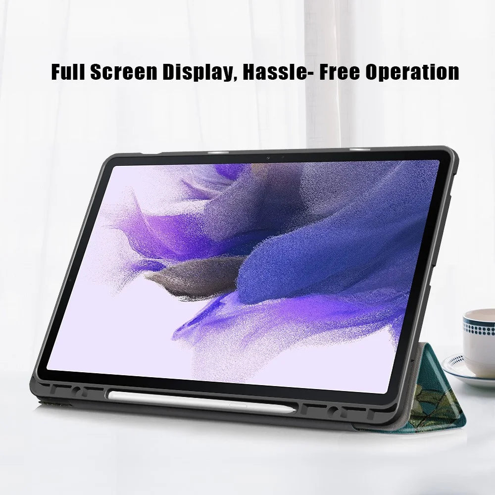 Pattern Printing Tri-fold Stand Design TPU Leather Tablet Case with Pen Slot for Samsung Galaxy Tab S7 FE T736 / Tab S7+ / Tab S8+ - Flowers - 5