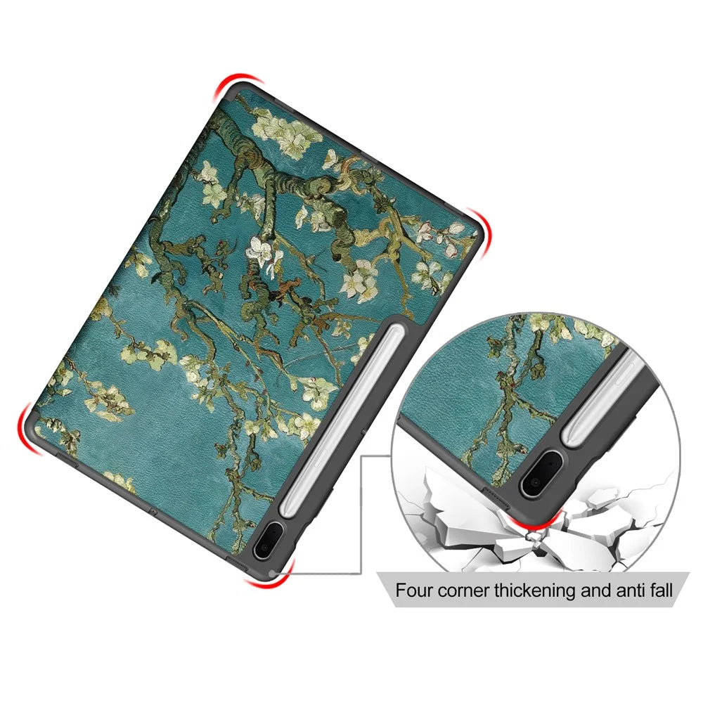 Pattern Printing Tri-fold Stand Design TPU Leather Tablet Case with Pen Slot for Samsung Galaxy Tab S7 FE T736 / Tab S7+ / Tab S8+ - Flowers - 7