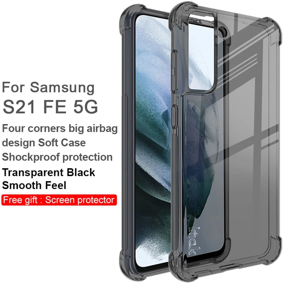 IMAK Full Coverage Shock-Proof Flexible TPU Case Cover + Screen Protector for Samsung Galaxy S21 FE - Transparent Black - 2