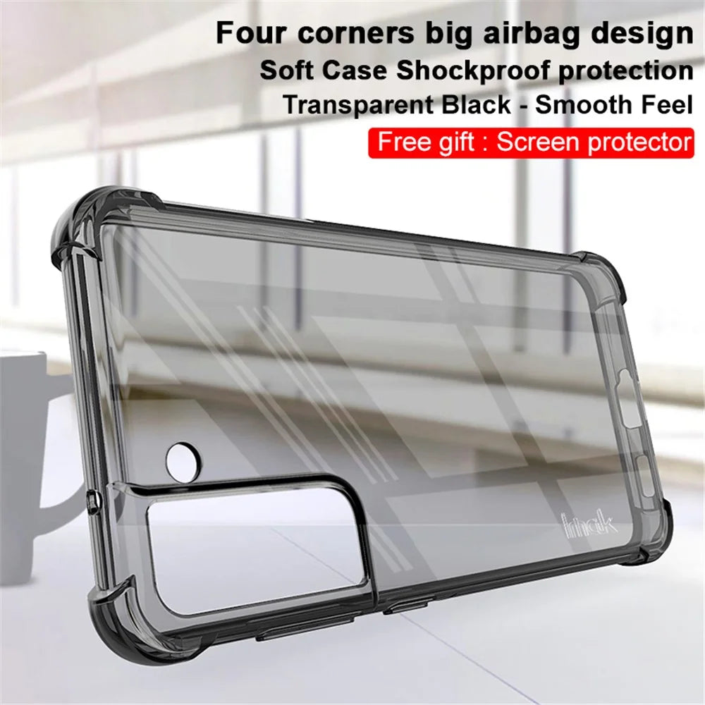 IMAK Full Coverage Shock-Proof Flexible TPU Case Cover + Screen Protector for Samsung Galaxy S21 FE - Transparent Black - 3