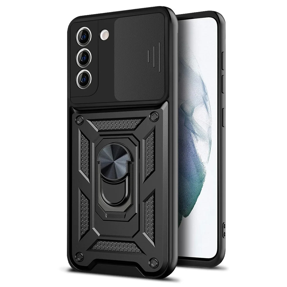 Camera Push Window Phone Case Cover with Ring Holder Kickstand for Samsung Galaxy S21 FE - Black - 1