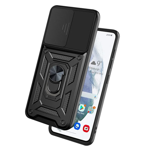 Camera Push Window Phone Case Cover with Ring Holder Kickstand for Samsung Galaxy S21 FE - Black - 2